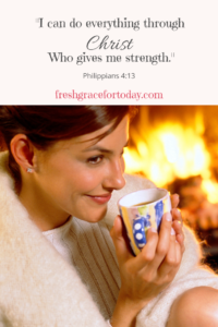 Woman, coffee, fireplace, guiding word