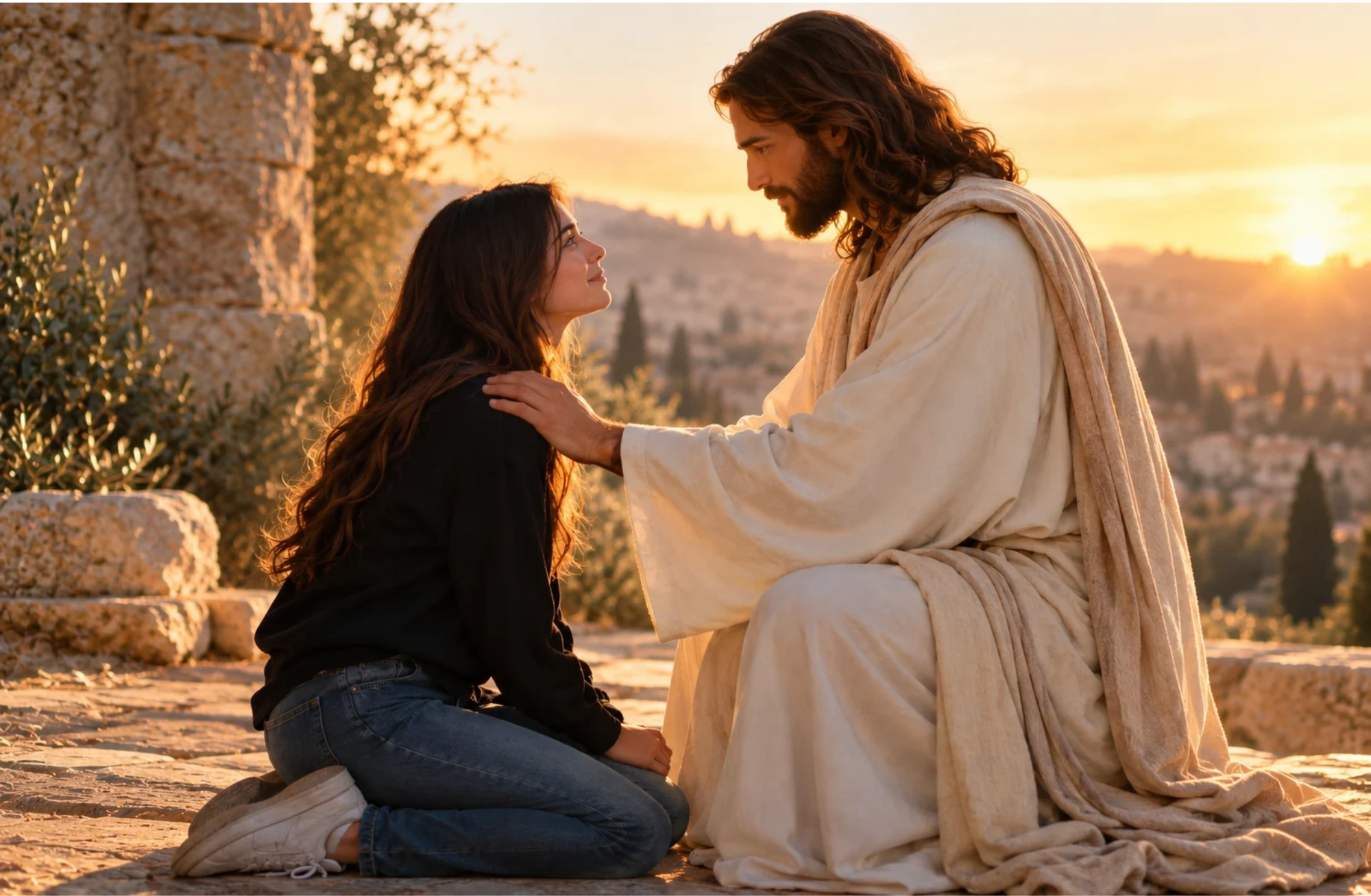 Woman kneeling before Jesus